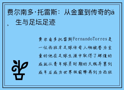 费尔南多·托雷斯：从金童到传奇的一生与足坛足迹
